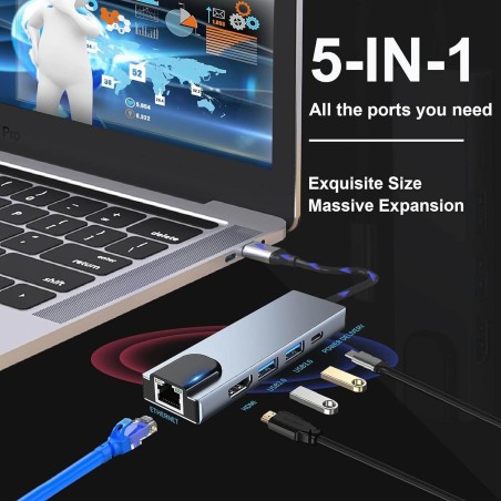 Board-x Hub 5 in 1 from Usb C to 4k Hdmi, Rj45 Ethernet, Usb 3.0, 100w PD