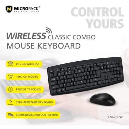 Micropack Keyboard & Mouse Km203W Black Wireless