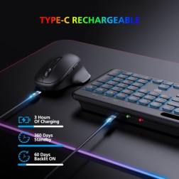 Micropack Keyboard & Mouse Akm-240W 3 Modes Wireless Combo Backlit 7 Colors Rechargeable