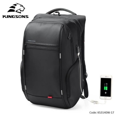 kingsons backpack 17.3 Large & Multifunctional Design Ks3140W Black 17.3 Inch Water-Resistant, Shock-Resistant, Ergonomic Deisgn