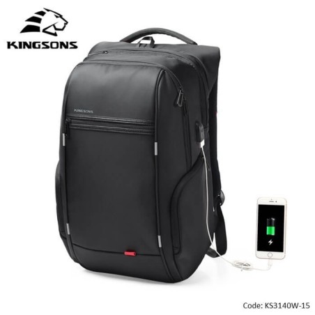 kingsons backpack Large & Multifunctional Design Ks3140W Black 15.6 Inch Water-Resistant, Shock-Resistant, Ergonomic Deisgn