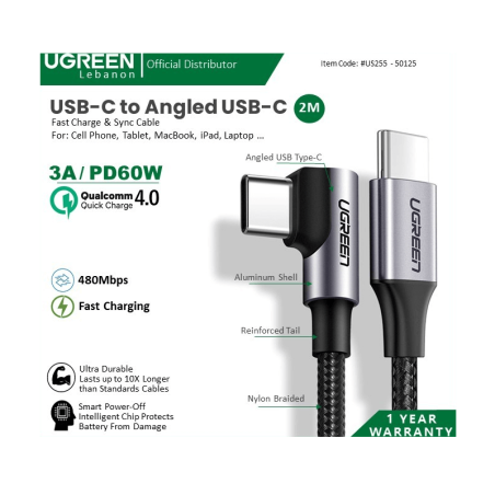 Ugreen Cable Usb-C To Angled Usb-C Pd60W Fast Charge & Data 2M 50125