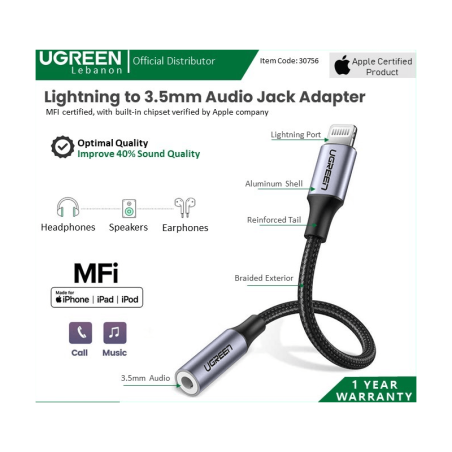 Ugreen Cable Lightning To 3.5Mm Audio Female 10Cm