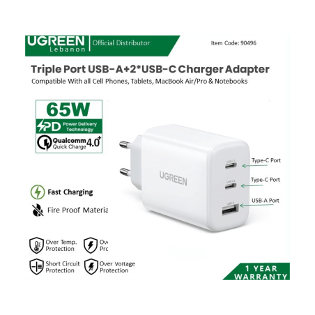 Ugreen Charger 65W Pd Gan Tech 3 Ports For Phone, Macbook & Laptop