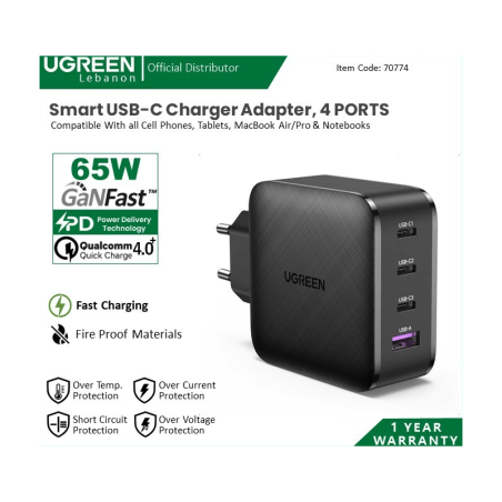 Ugreen 65w Pd Gan Tech 4 Ports Charger For Phone, Macbook & Laptop 70774