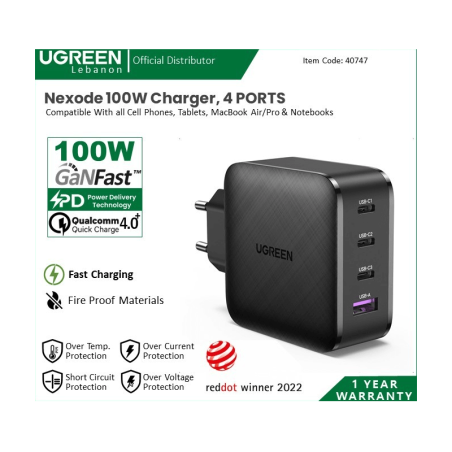 Ugreen Charger Nexode 100W Gan Tech 4 Ports For Phone, Macbook & Laptop 40747