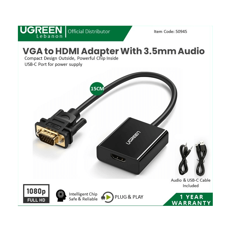 Ugreen Cable Vga To Hdmi Adapter With 3.5Mm Audio Full Hd And Usb-C Power Port 50945 Ugreen Cable Vga To Hdmi Adapter With 3.5Mm Audio Full Hd And Usb-C Power Port 50945