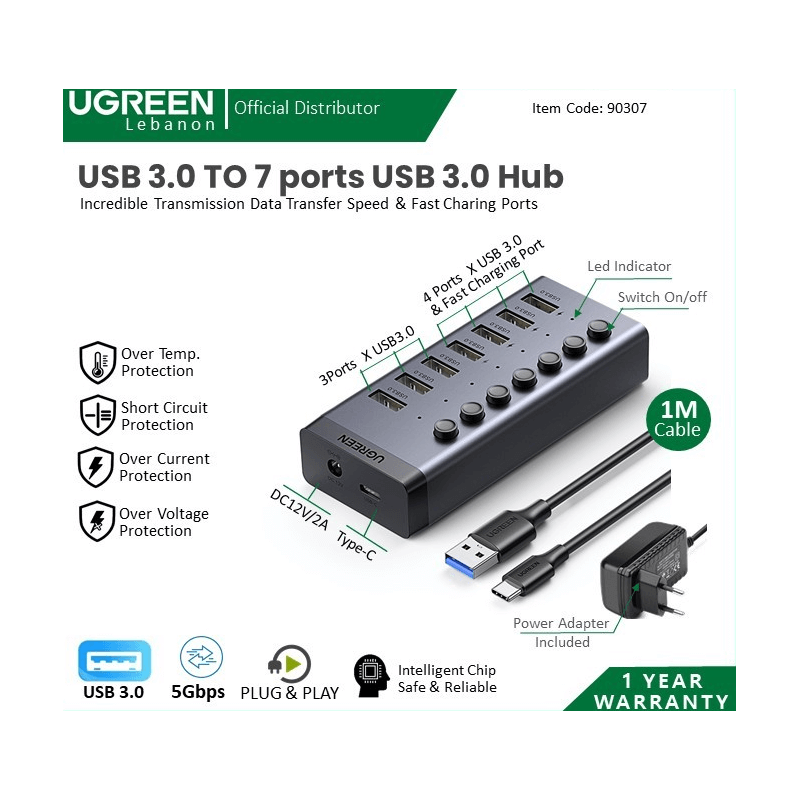 Ugreenusb 3.0 To 7 Ports Usb 3.0 Hub, 4 Fast Charging Ports Supplied (Data Transfer Up To 5 Gbps) 90307 Ugreenusb 3.0 To 7 Ports Usb 3.0 Hub, 4 Fast Charging Ports Supplied (Data Transfer Up To 5 Gbps) 90307