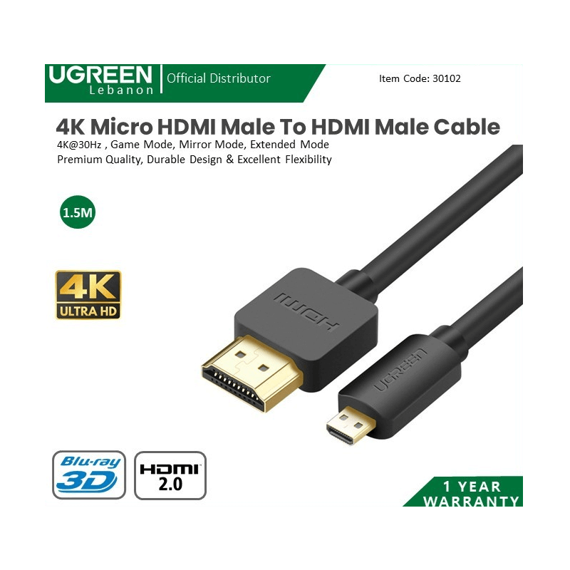 Ugreen Cable 4K Micro Hdmi Male To Hdmi Male , Premium Quality, Durable Design & Excellent Flexibility 30102 Ugreen Cable 4K Micro Hdmi Male To Hdmi Male , Premium Quality, Durable Design & Excellent Flexibility 30102