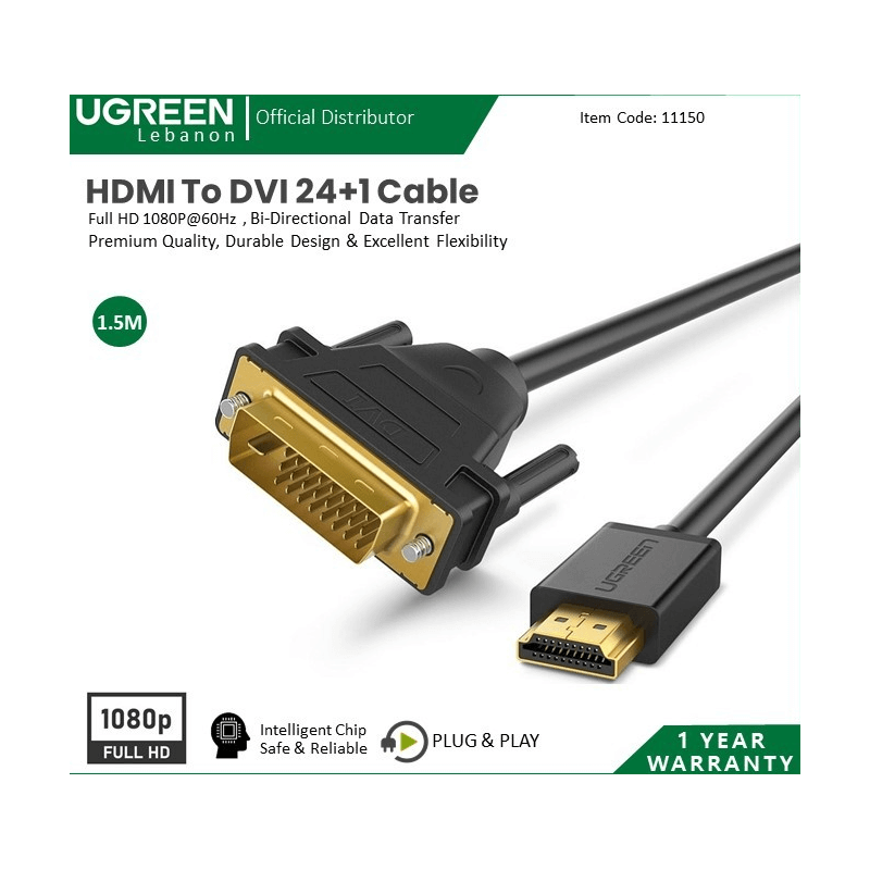Ugreen Cable Full Hd Hdmi To Dvi , Premium Quality, Durable Design & Excellent Flexibility 11150 Ugreen Cable Full Hd Hdmi To Dvi , Premium Quality, Durable Design & Excellent Flexibility 11150