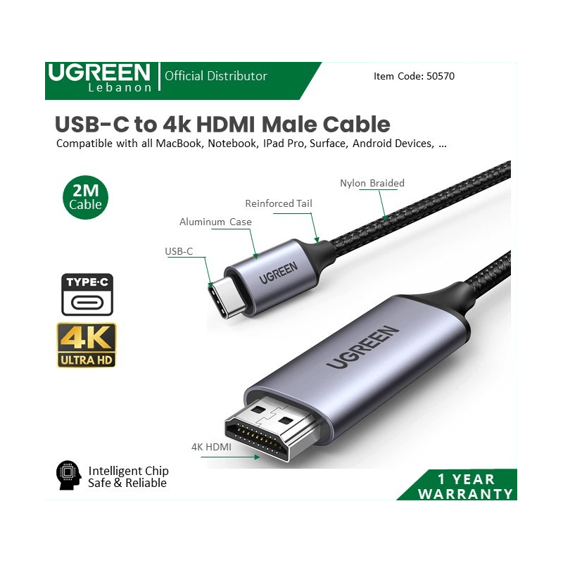 Ugreen Usb-C To 4k Hdmi Braided Cable 1.5m Black 50570 Ugreen Usb-C To 4k Hdmi Braided Cable 1.5m Black 50570