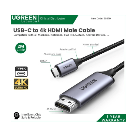 Ugreen Usb-C To 4k Hdmi Braided Cable 1.5m Black 50570