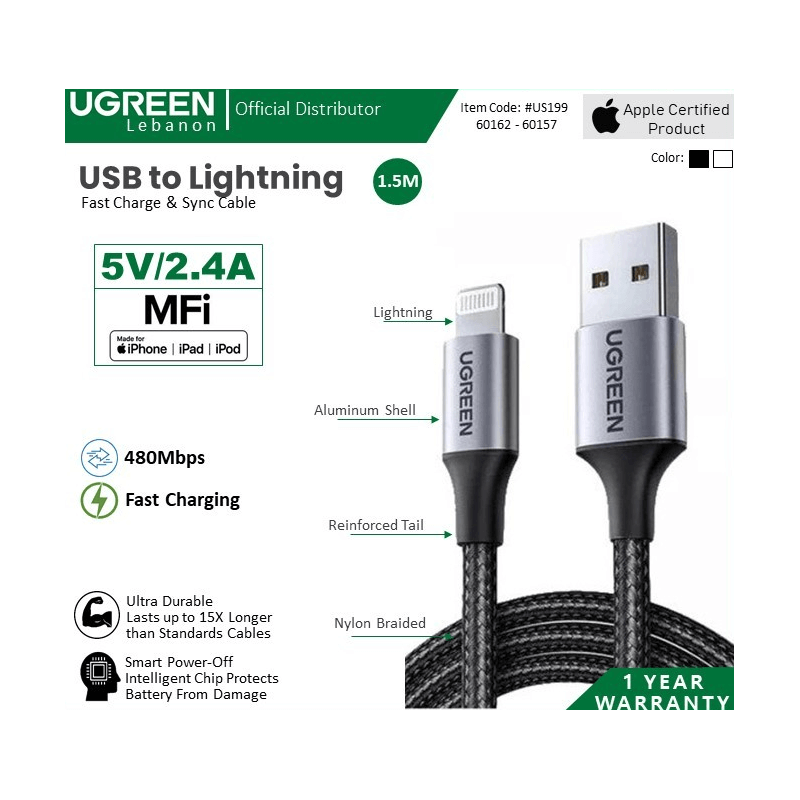Ugreen Cable Mfi, Apple Certified Usb To Lightning 5V/2.4A - Nylon Braided & Aluminum Body 60162 Ugreen Cable Mfi, Apple Certified Usb To Lightning 5V/2.4A - Nylon Braided & Aluminum Body 60162