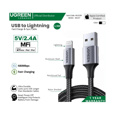 Ugreen Cable Mfi, Apple Certified Usb To Lightning 5V/2.4A - Nylon Braided & Aluminum Body 60162