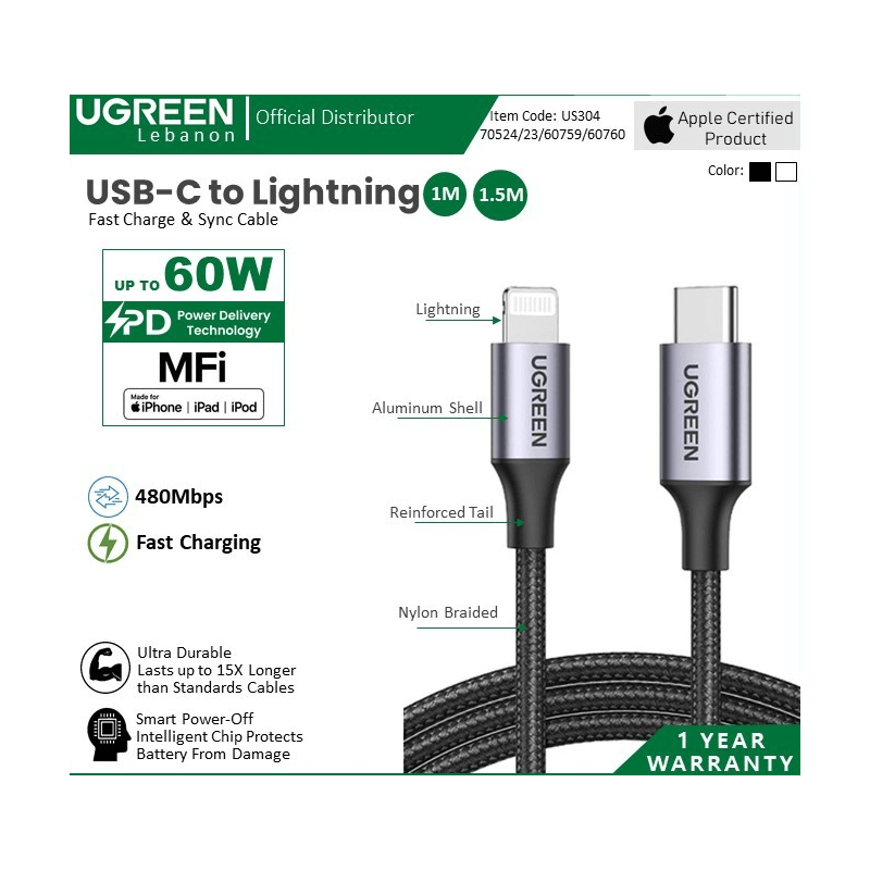 Ugreen Cable Mfi, Apple Certified Usb-C To Lightning Nylon Braided & Aluminum Body 1.5M 70524 Ugreen Cable Mfi, Apple Certified Usb-C To Lightning Nylon Braided & Aluminum Body 1.5M 70524