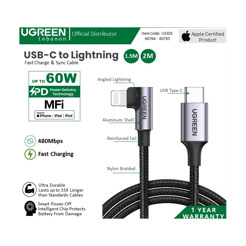 Ugreen Cable Mfi, Apple Certified Usb-C To Angled Lightning Nylon Braided & Aluminum Body Us305 Ugreen Cable Mfi, Apple Certified Usb-C To Angled Lightning Nylon Braided & Aluminum Body Us305