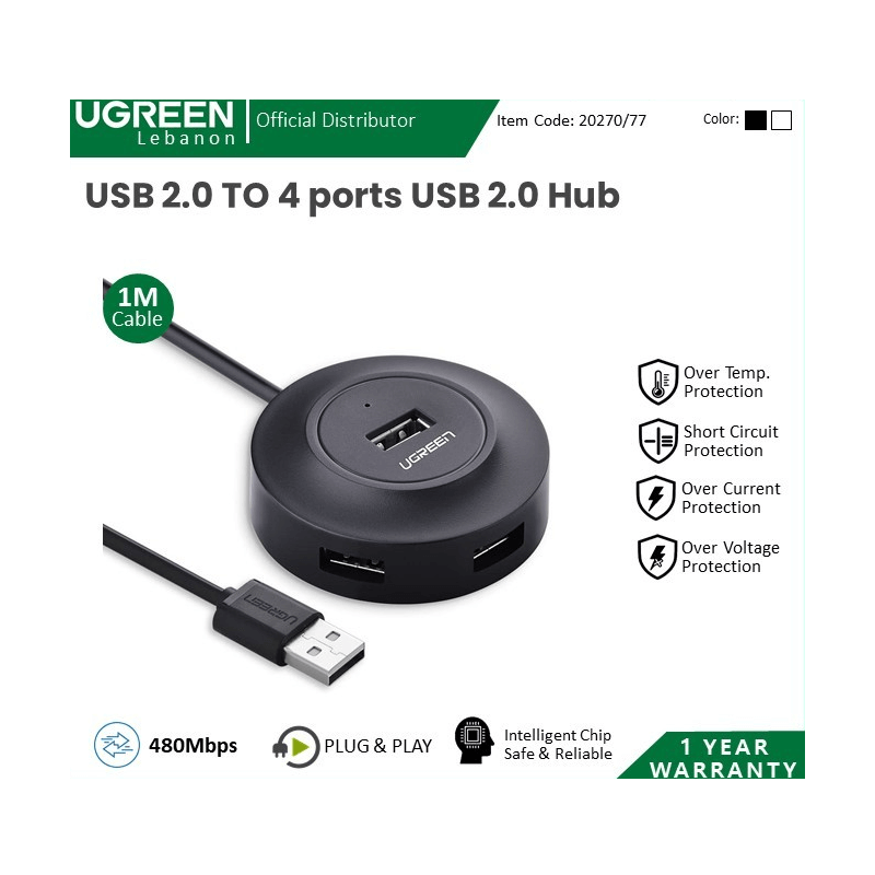 UGREEN USB 2.0 HUB 4 PORTS, 1M CABLE (DATA TRANSFER UP TO 480MBPS) 20277 black UGREEN USB 2.0 HUB 4 PORTS, 1M CABLE (DATA TRANSFER UP TO 480MBPS) 20277 black