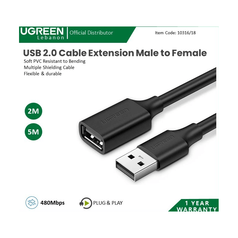 Ugreen Cable Usb 2.0 Extension Male To Female 2M Us103