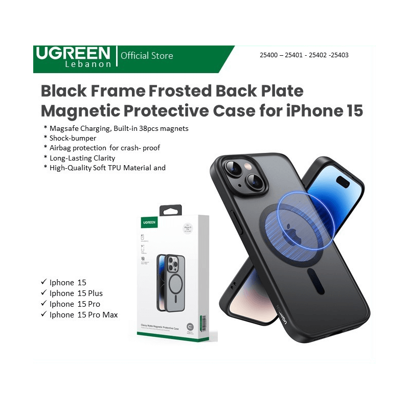 Ugreen Case For Iphone 15 Black Frame Frosted Back Plate Magnetic Protective 25400 - 25401 - 25402 - 25403 Ugreen Case For Iphone 15 Black Frame Frosted Back Plate Magnetic Protective 25400 - 25401 - 25402 - 25403